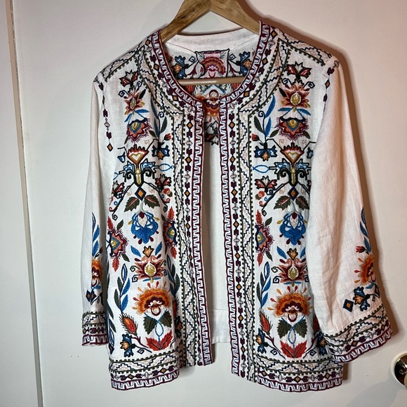 Johnny Was | Izamal Crop Jacket Embroidered 100% Linen w/ Pockets - Picture 8 of 15